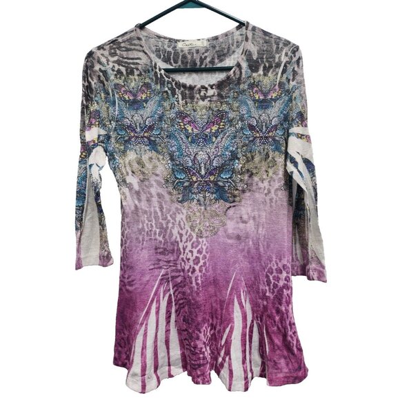 Cactus Tunic Top Wearable Art Butterfly Print Womens Small Purple Rhinestones - Picture 1 of 7